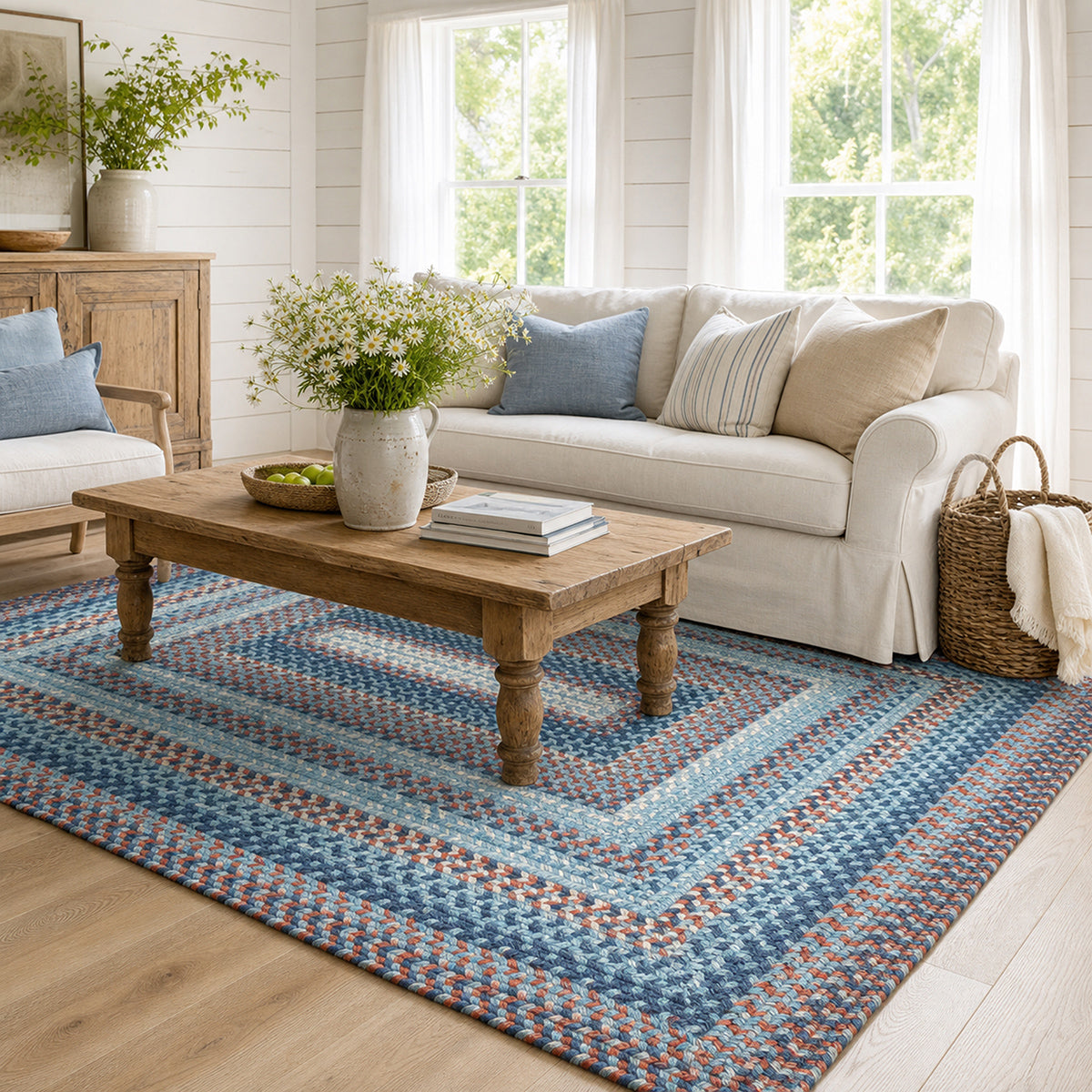 Cape Cod Blue Braided Jute Area Rug for Coastal Country Decor