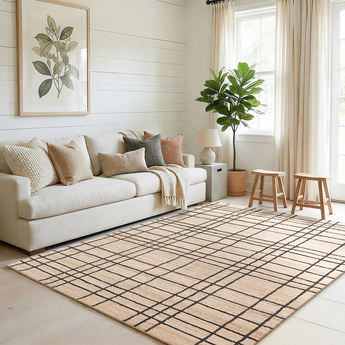 Nell Hand Embroidered Jute Windowpane Rug with Cotton Backing, Modern Farmhouse