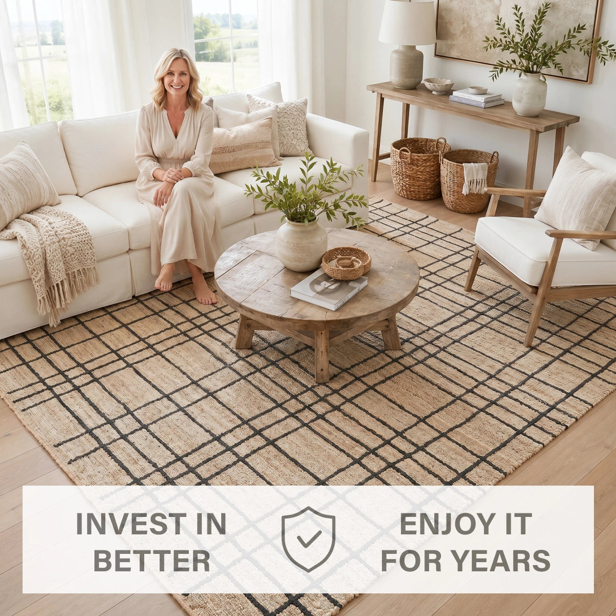 Nell Hand Embroidered Jute Windowpane Rug with Cotton Backing, Modern Farmhouse