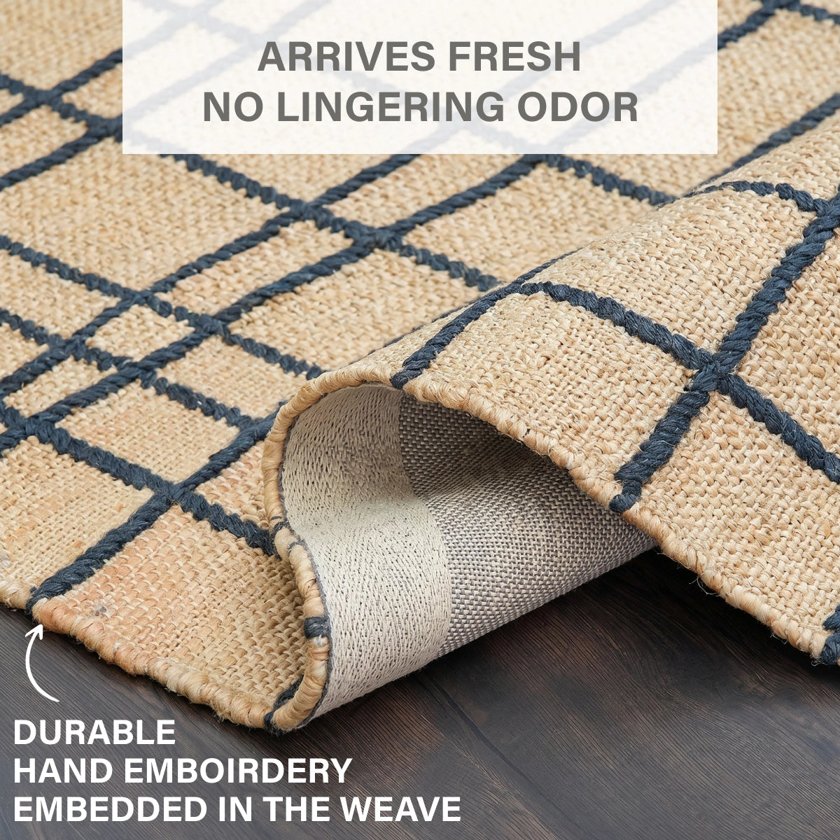 Nell Hand Embroidered Jute Windowpane Rug with Cotton Backing, Modern Farmhouse