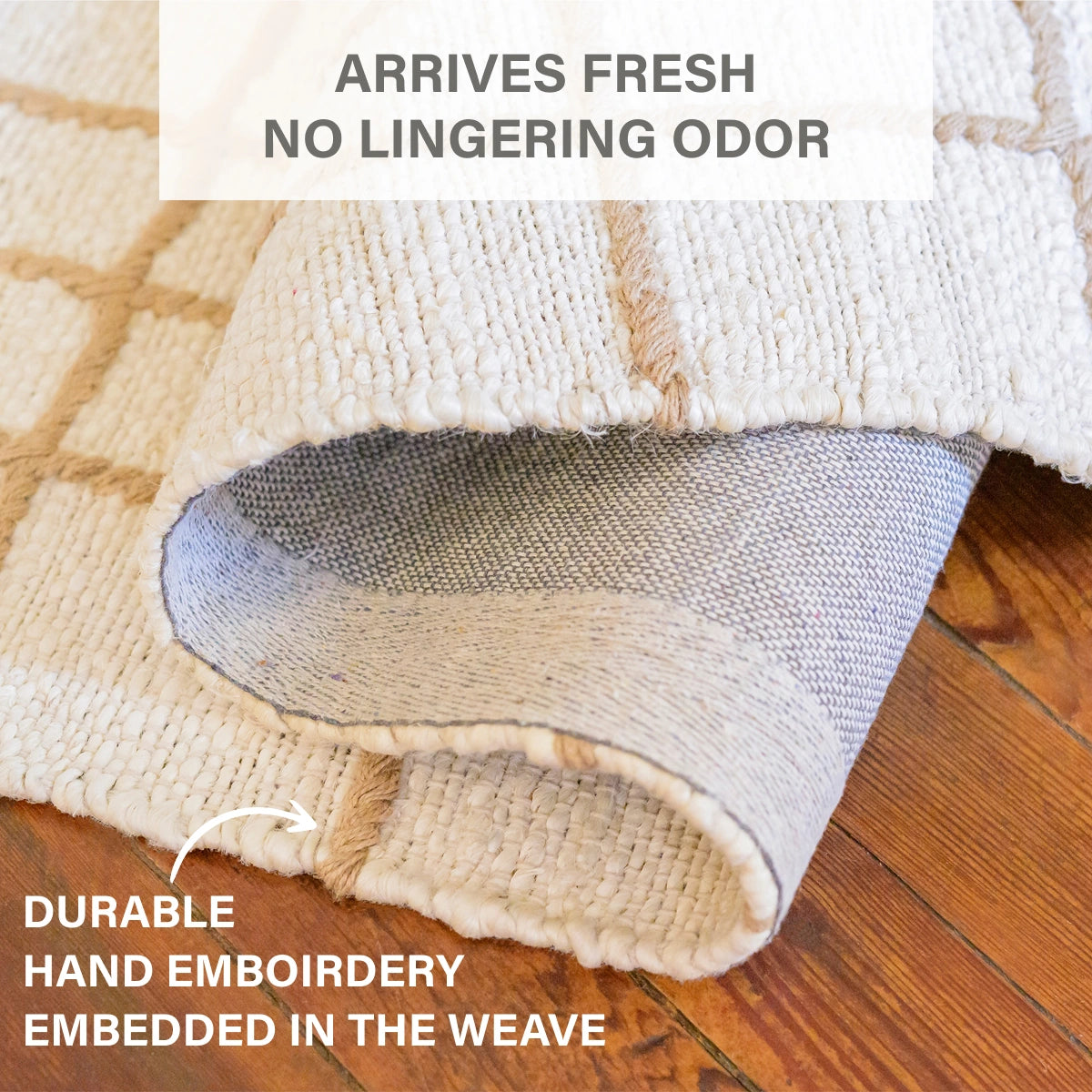 Faye Hand Embroidered Jute Windowpane Rug with Cotton Backing, Linen White & Beige