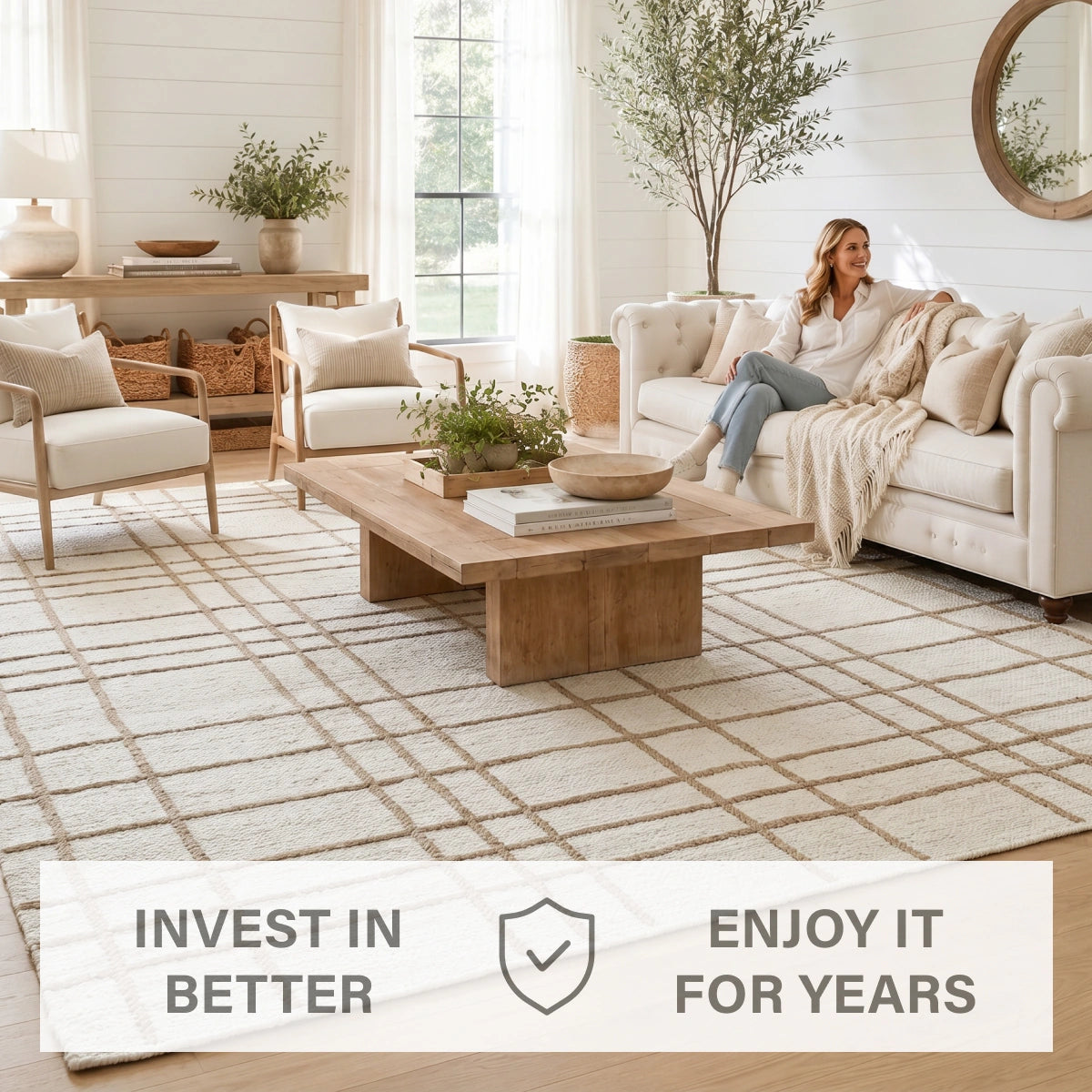 Faye Hand Embroidered Jute Windowpane Rug with Cotton Backing, Linen White & Beige