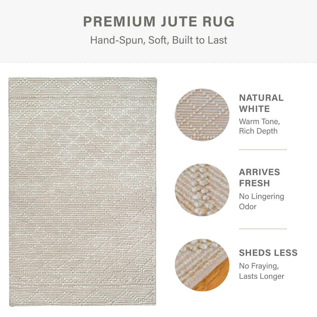 Mica Hand Spun Jute Rug with Raised Diamond Trellis, Looped Yarn, Linen White and Tan