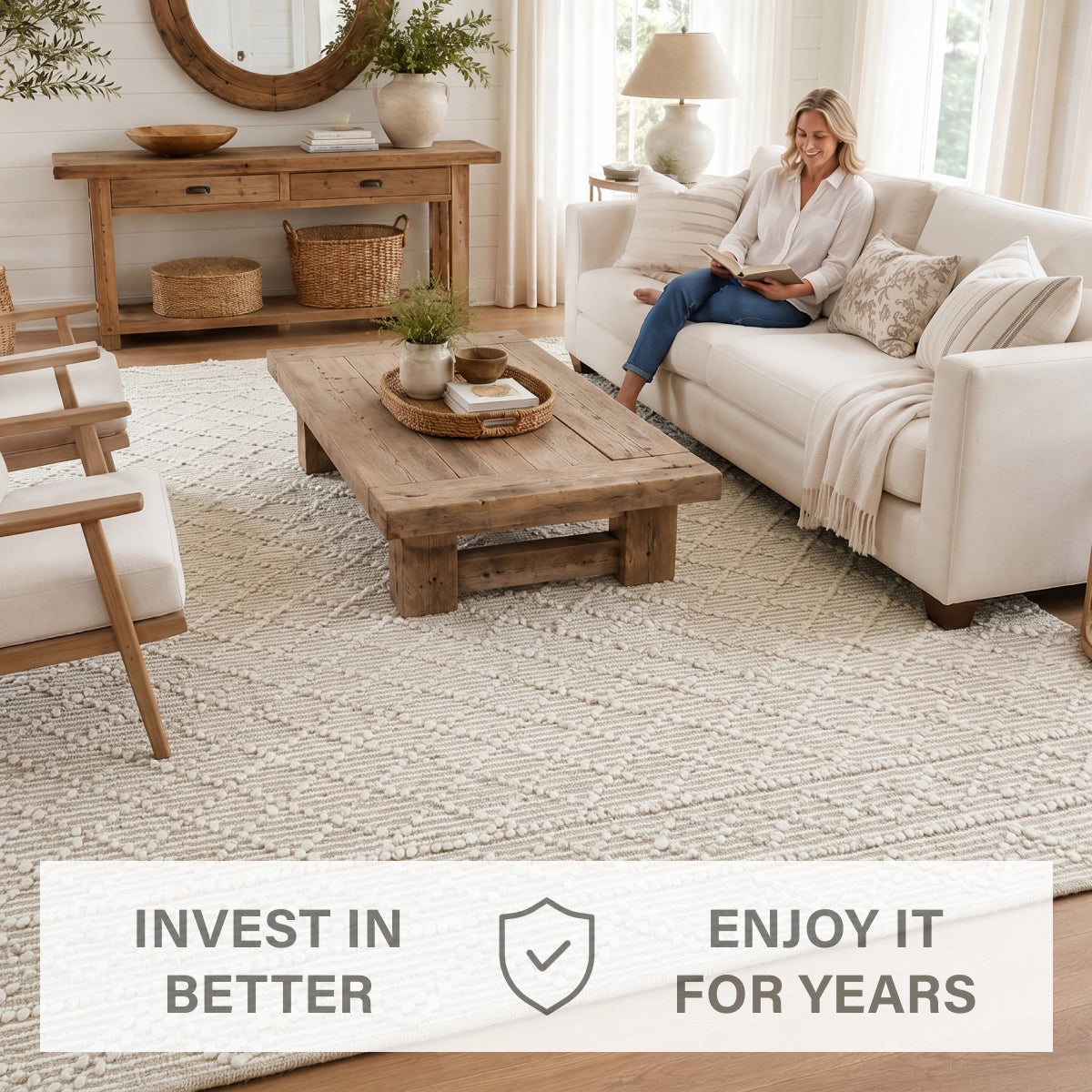 Mica Hand Spun Jute Rug with Raised Diamond Trellis, Looped Yarn, Linen White and Tan