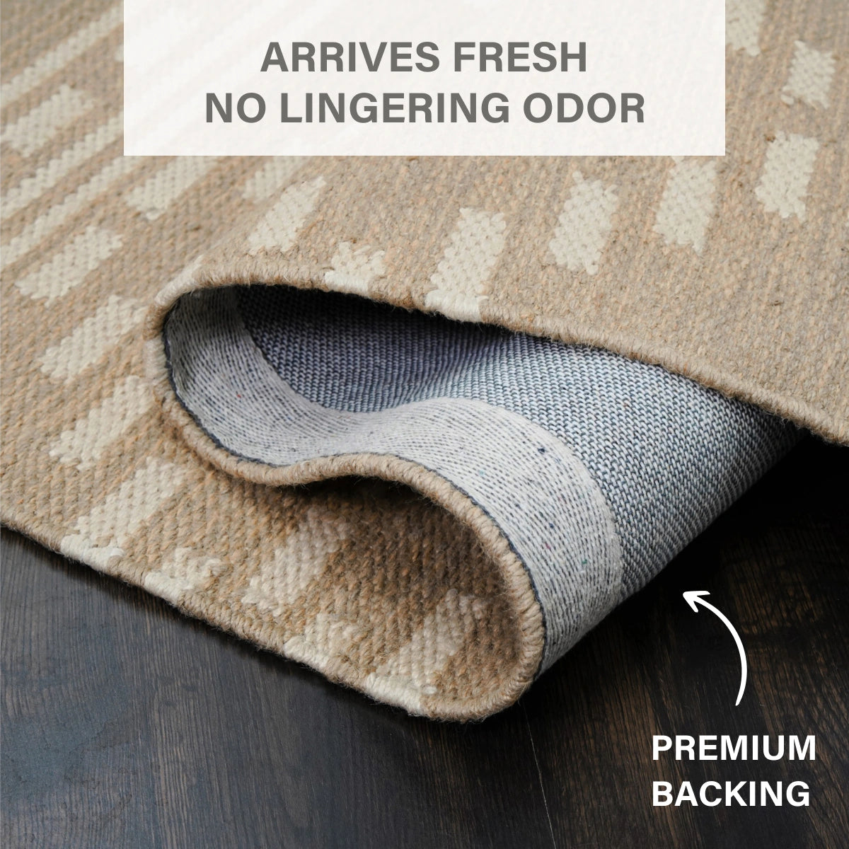 Dune Warm Brown Diamond Jute Rug with White Dotted Lines and Premium Cotton Backing