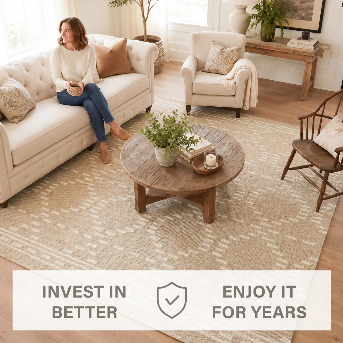 Dune Warm Brown Diamond Jute Rug with White Dotted Lines and Premium Cotton Backing