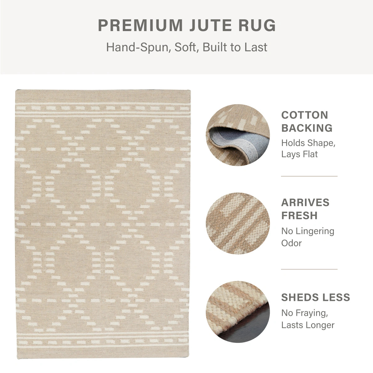 Dune Warm Brown Diamond Jute Rug with White Dotted Lines and Premium Cotton Backing