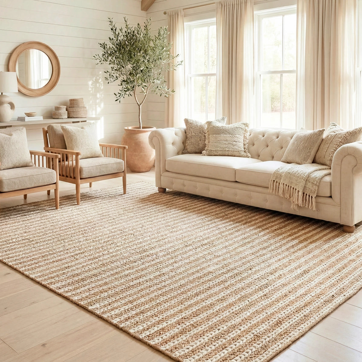 Laia Ultra Thick Hand Spun Jute Rug with Braided Stripes, Beige & Ivory
