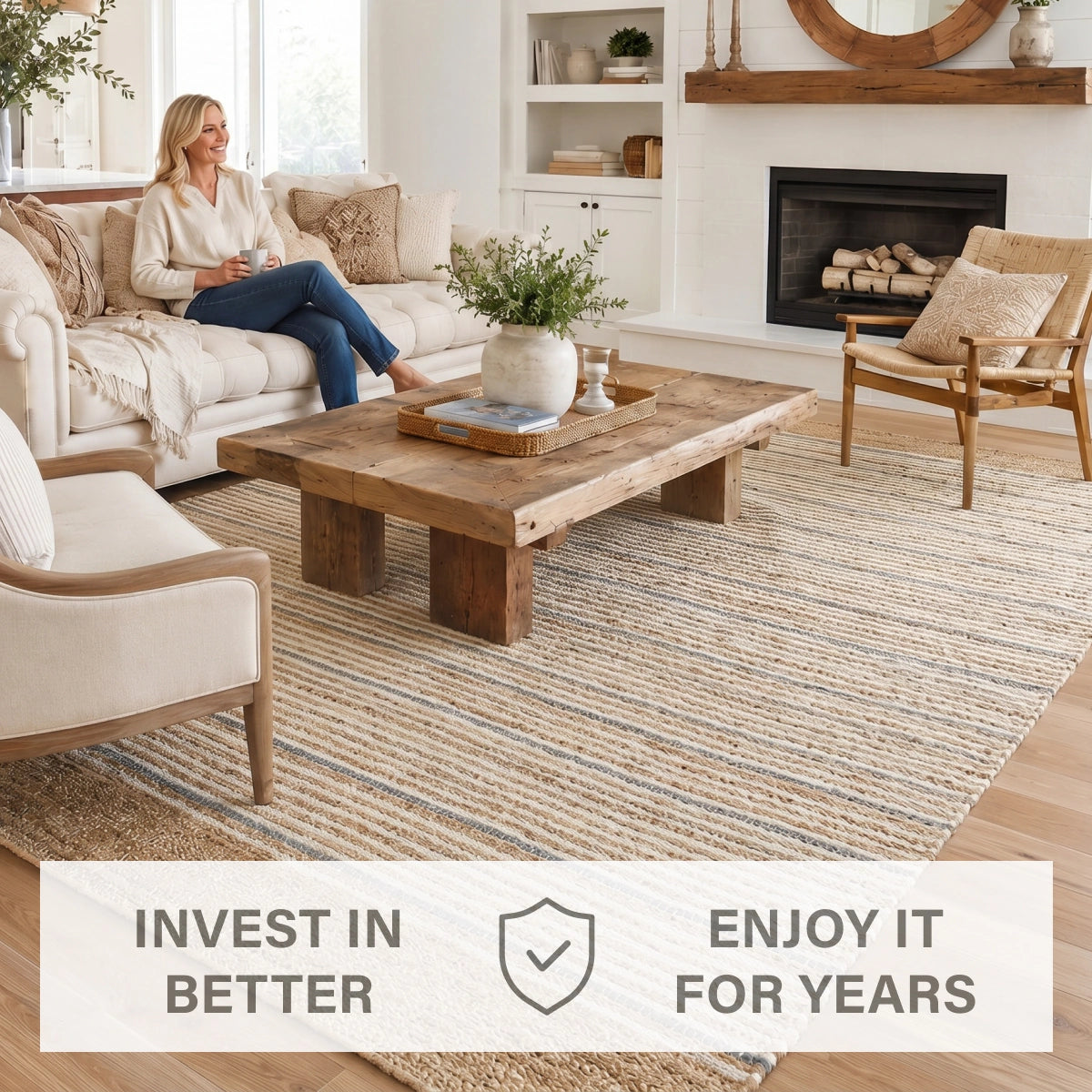 Remi Soft Hand Spun Jute Striped Rug with Wool Accent Stripes
