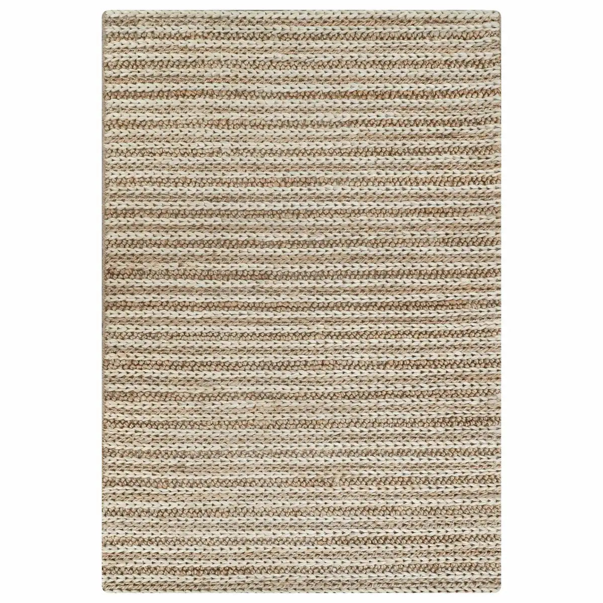 Laia Ultra Thick Hand Spun Jute Rug with Braided Stripes, Beige & Ivory
