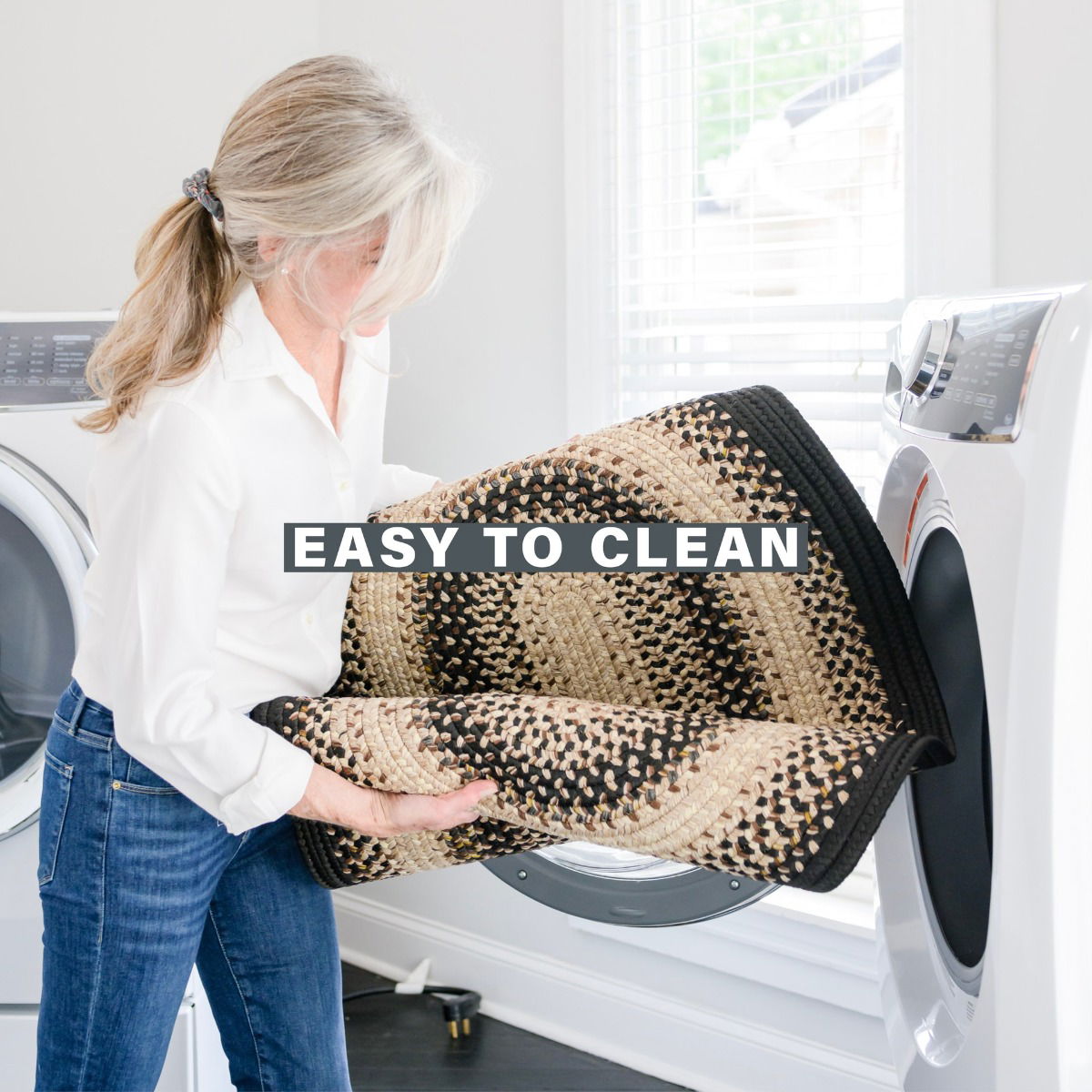 Washable Black Mist braided area rug for