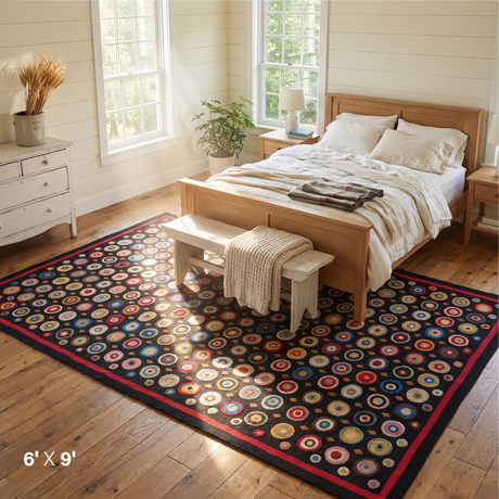 Coin Rug with Multicolor Motifs on Black for Modern Decor