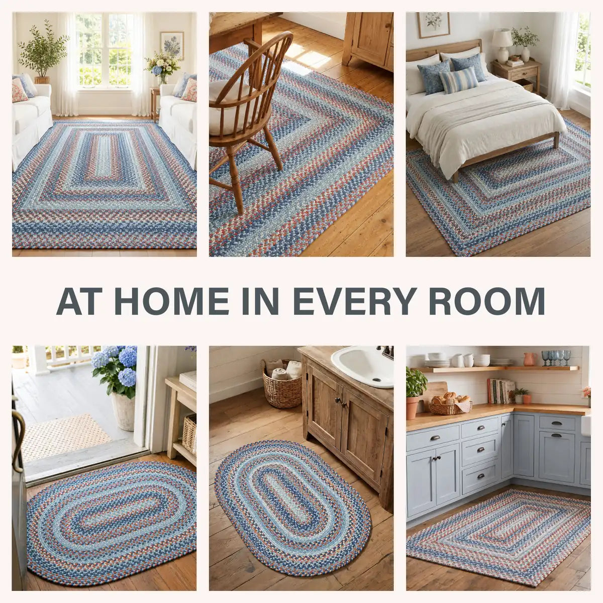 Cape Cod Blue Braided Jute Area Rug for Coastal Country Decor