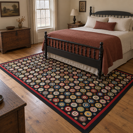Coin Rug with Multicolor Motifs on Black for Country Decor