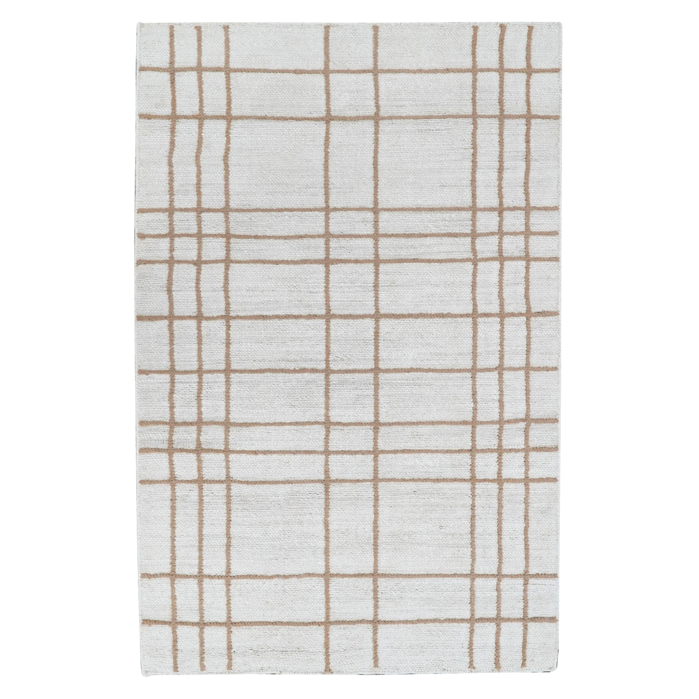 Faye Hand Embroidered Jute Windowpane Rug with Cotton Backing, Linen White & Beige