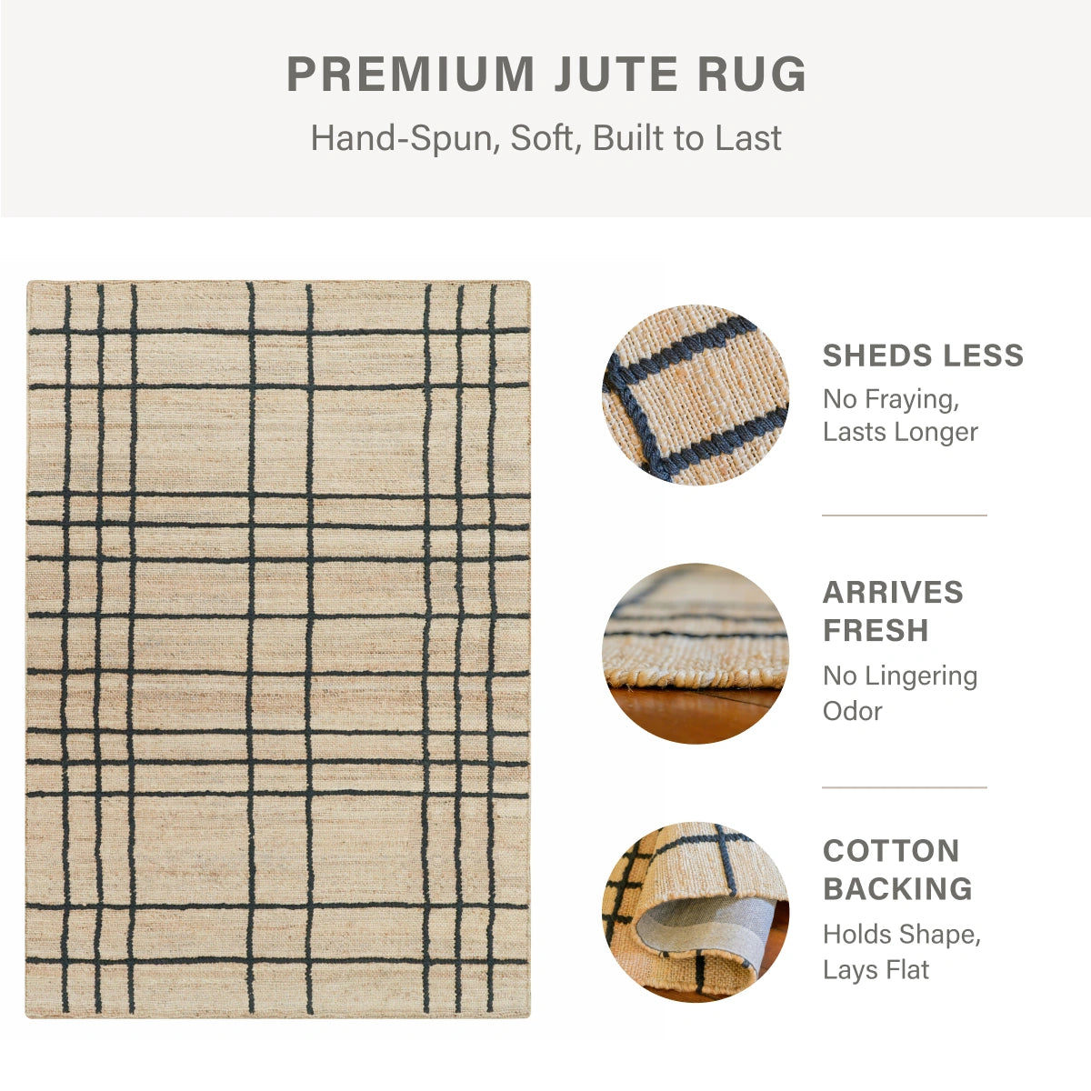 Nell Hand Embroidered Jute Windowpane Rug with Cotton Backing, Modern Farmhouse