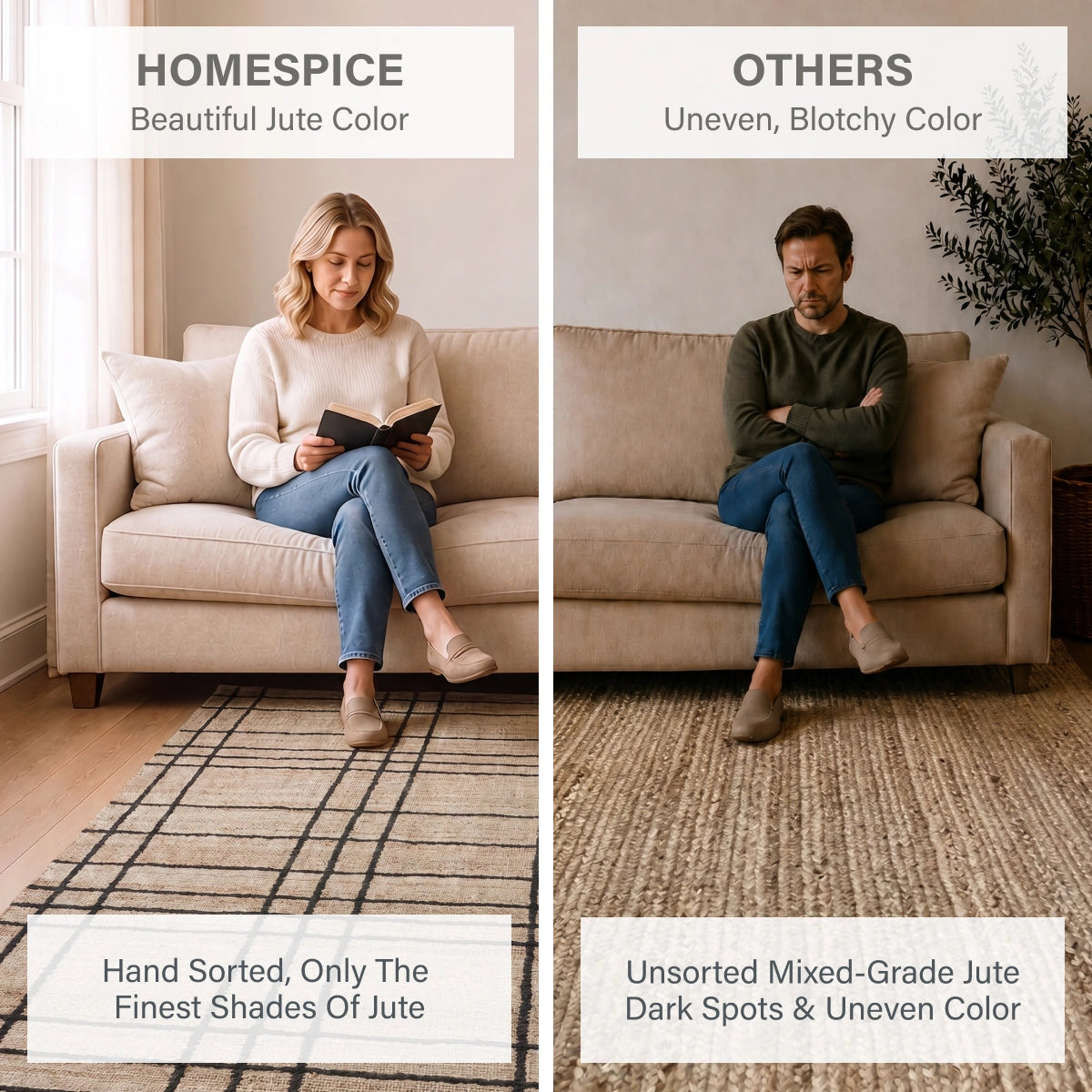 Nell Hand Embroidered Jute Windowpane Rug with Cotton Backing, Modern Farmhouse