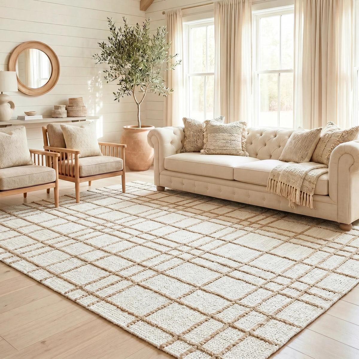 Faye Hand Embroidered Jute Windowpane Rug with Cotton Backing, Linen White & Beige