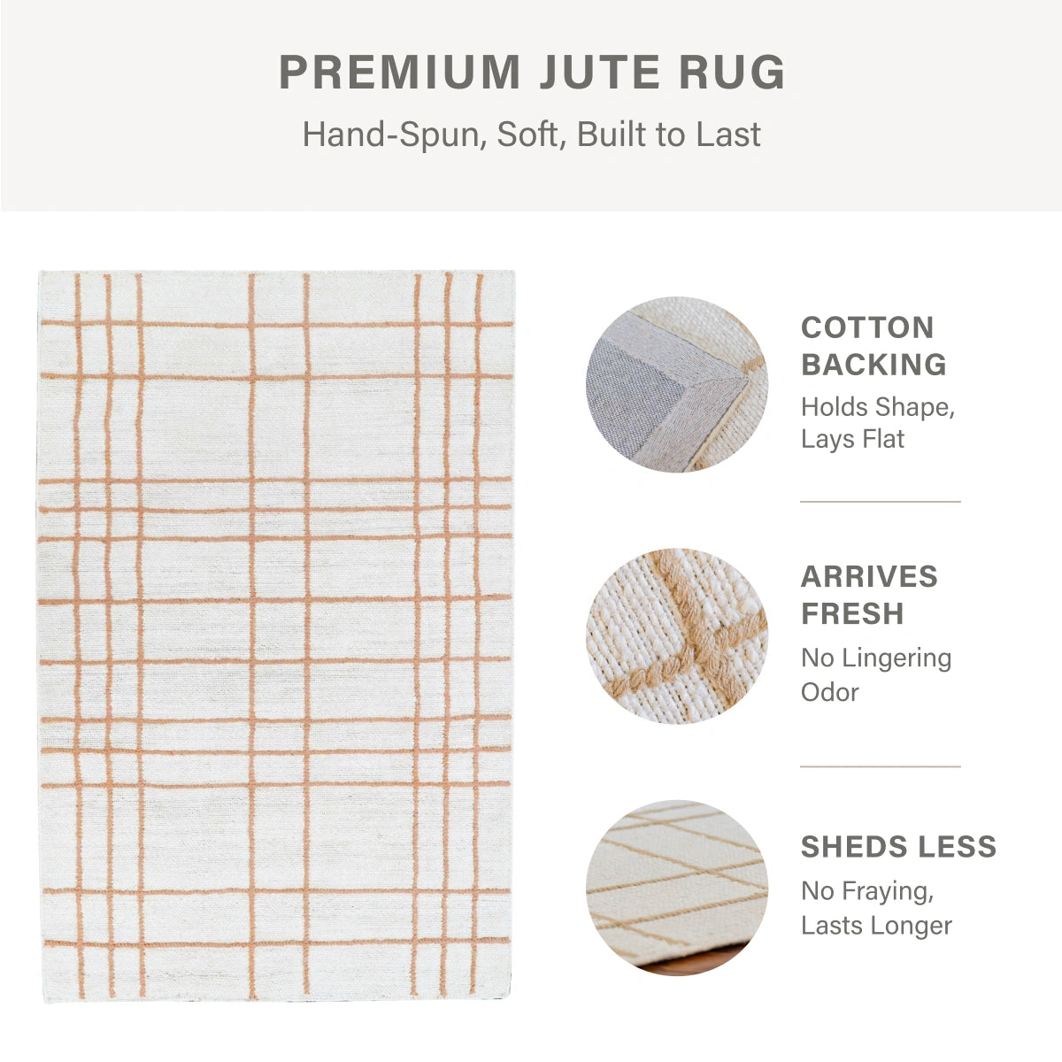 Faye Hand Embroidered Jute Windowpane Rug with Cotton Backing, Linen White & Beige