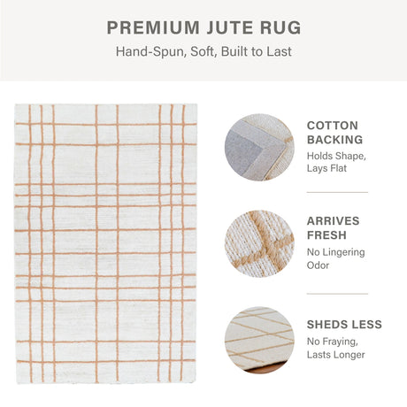 Faye Hand Embroidered Jute Windowpane Rug with Cotton Backing, Linen White & Beige