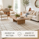Faye Hand Embroidered Jute Windowpane Rug with Cotton Backing, Linen White & Beige