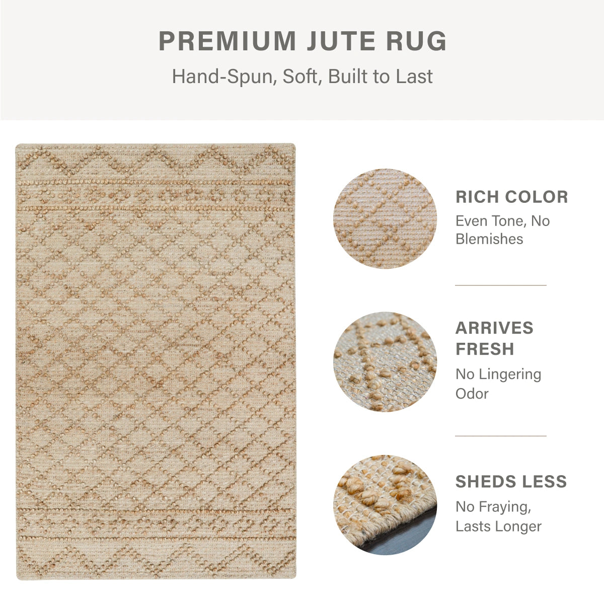Nira Hand Spun Jute Rug, Raised Diamond Trellis with 3D Looped Yarn Detailing