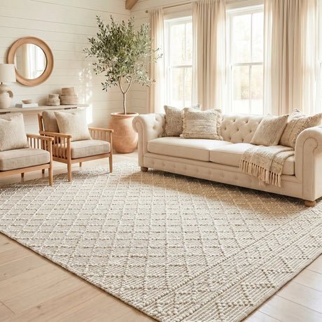 Mica Hand Spun Jute Rug with Raised Diamond Trellis, Looped Yarn, Linen White and Tan