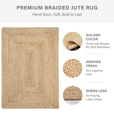 George Premium Hand Spun Jute Braided Area Rug, Won't Fray or Shed, Superior Golden Tone