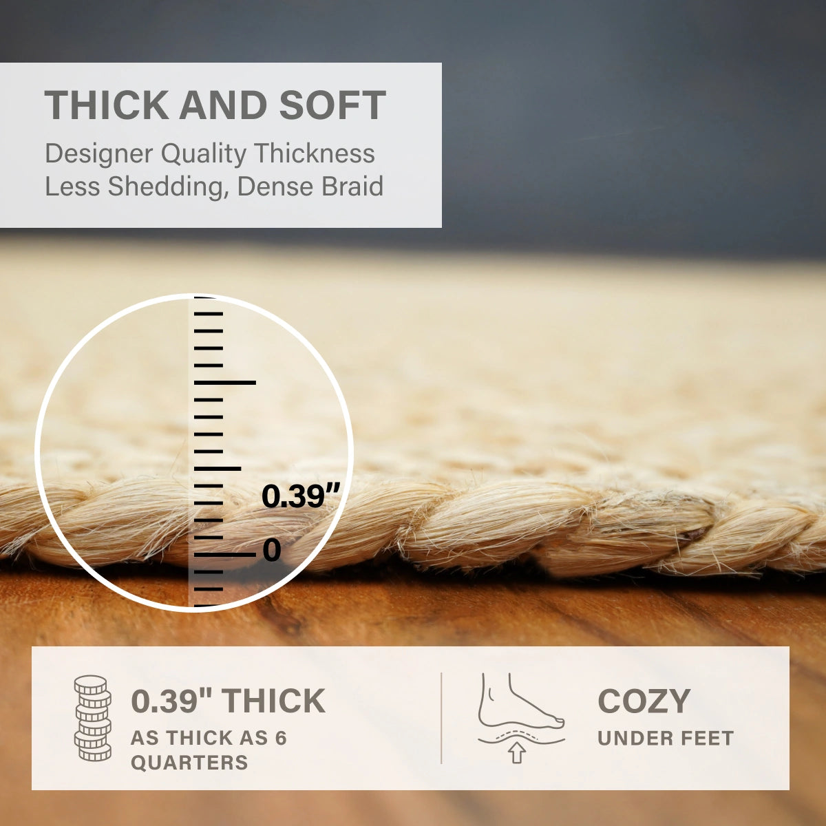 George Premium Hand Spun Jute Braided Area Rug, Won't Fray or Shed, Superior Golden Tone