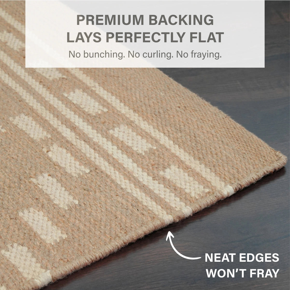 Dune Warm Brown Diamond Jute Rug with White Dotted Lines and Premium Cotton Backing