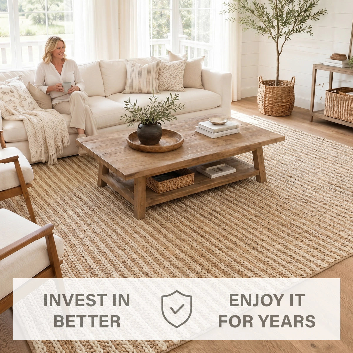 Laia Ultra Thick Hand Spun Jute Rug with Braided Stripes, Beige & Ivory