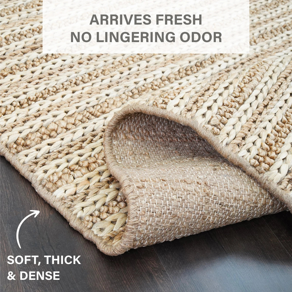 Laia Ultra Thick Hand Spun Jute Rug with Braided Stripes, Beige & Ivory