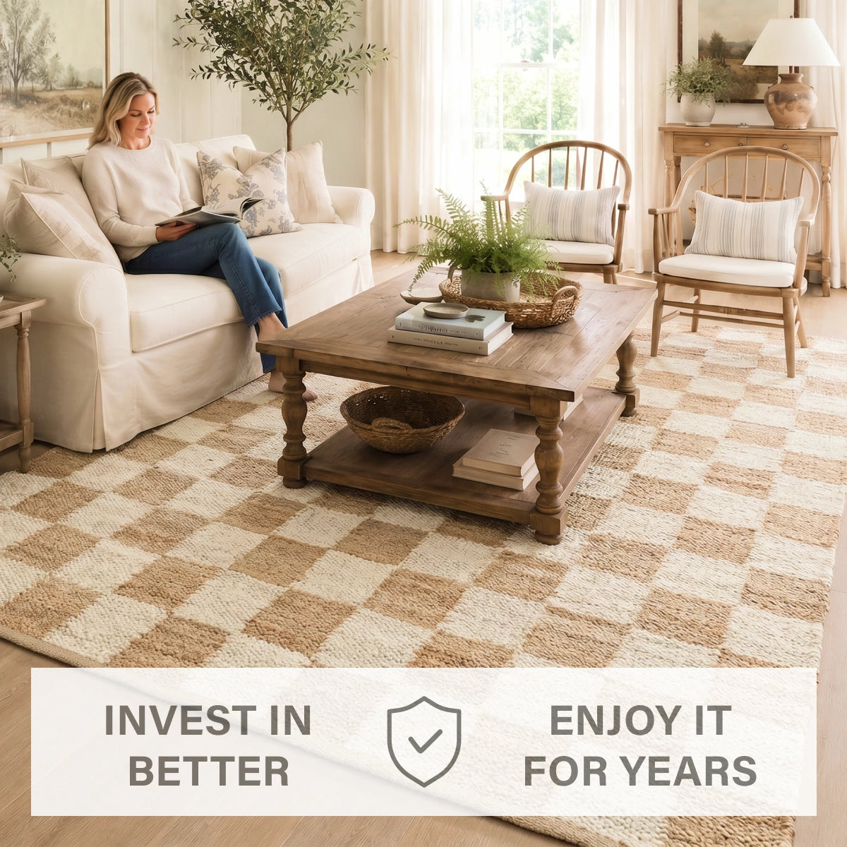 Mesa Handwoven Reversible Jute Checkered Area Rug in Tan and Linen White