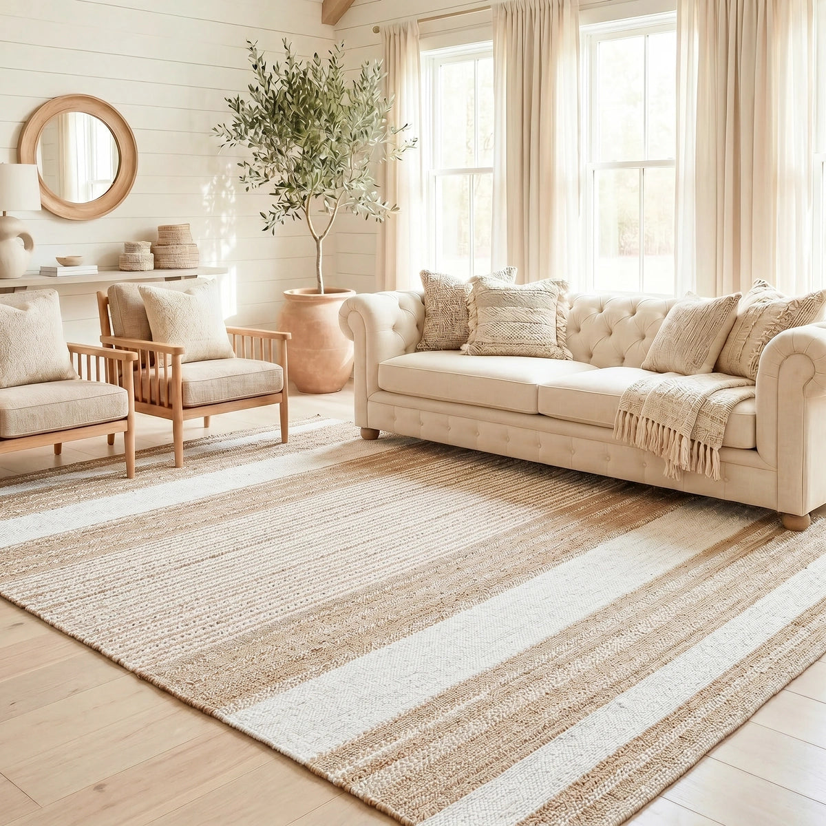 Reva Handwoven Natural Jute Striped Area Rug, Hand Sorted Yarn, White and Brown