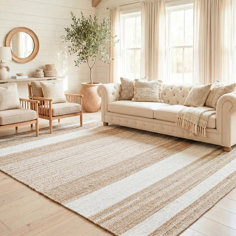 Reva Handwoven Natural Jute Striped Area Rug, Hand Sorted Yarn, White and Brown