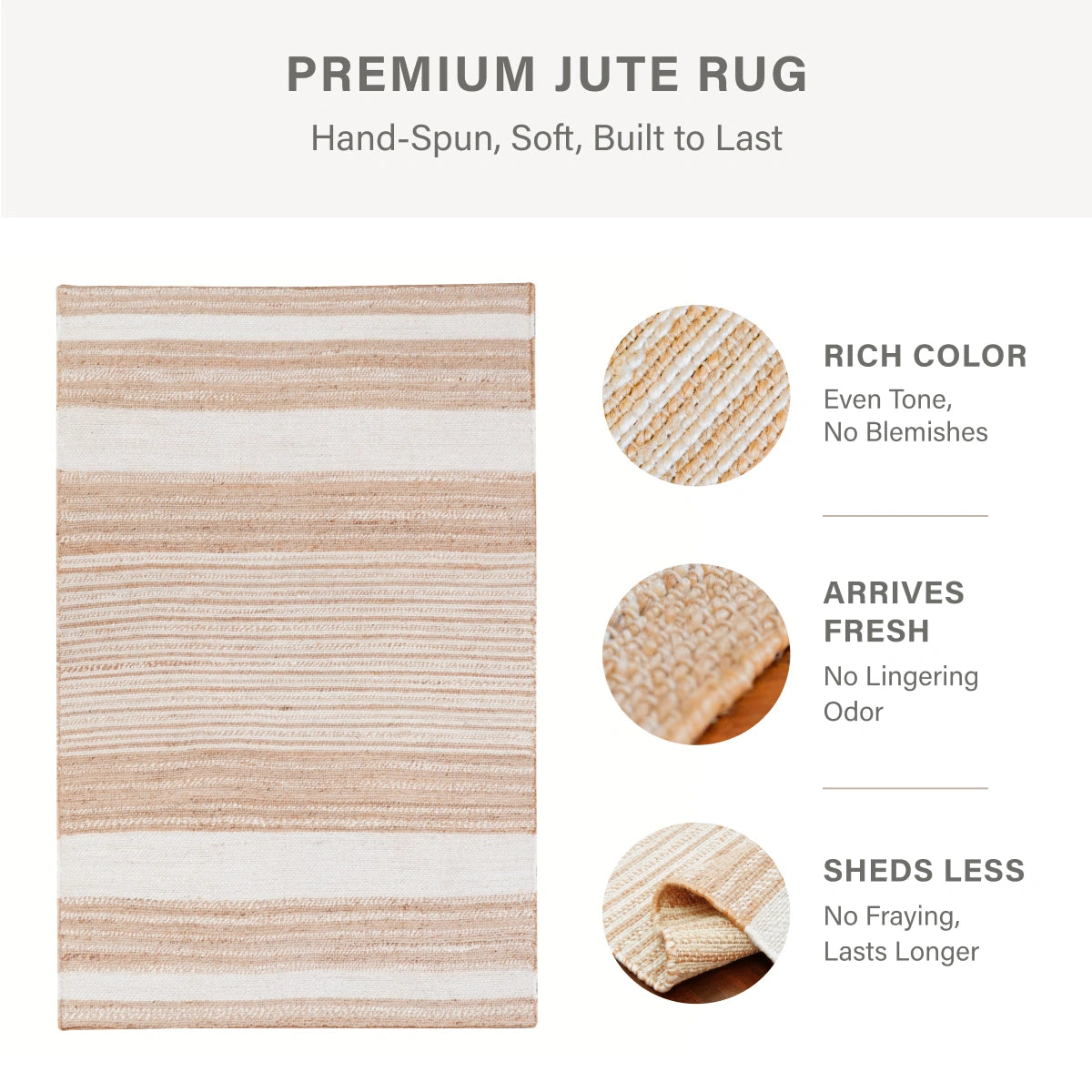 Reva Handwoven Natural Jute Striped Area Rug, Hand Sorted Yarn, White and Brown