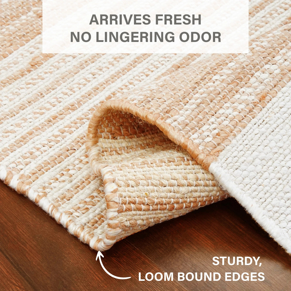 Reva Handwoven Natural Jute Striped Area Rug, Hand Sorted Yarn, White and Brown