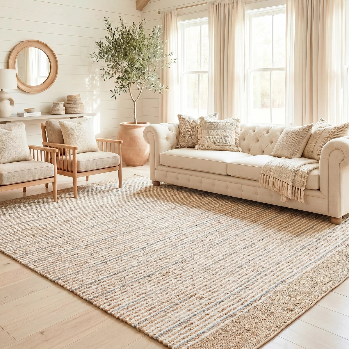 Remi Soft Hand Spun Jute Striped Rug with Wool Accent Stripes