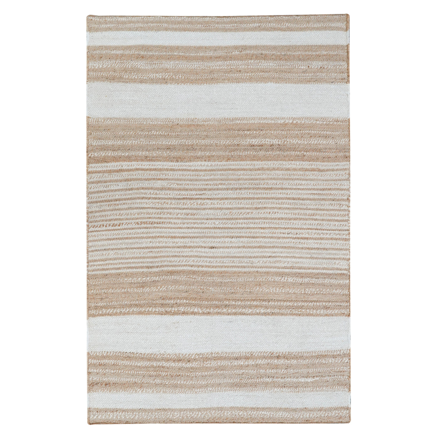 Reva Handwoven Natural Jute Striped Area Rug, Hand Sorted Yarn, White and Brown