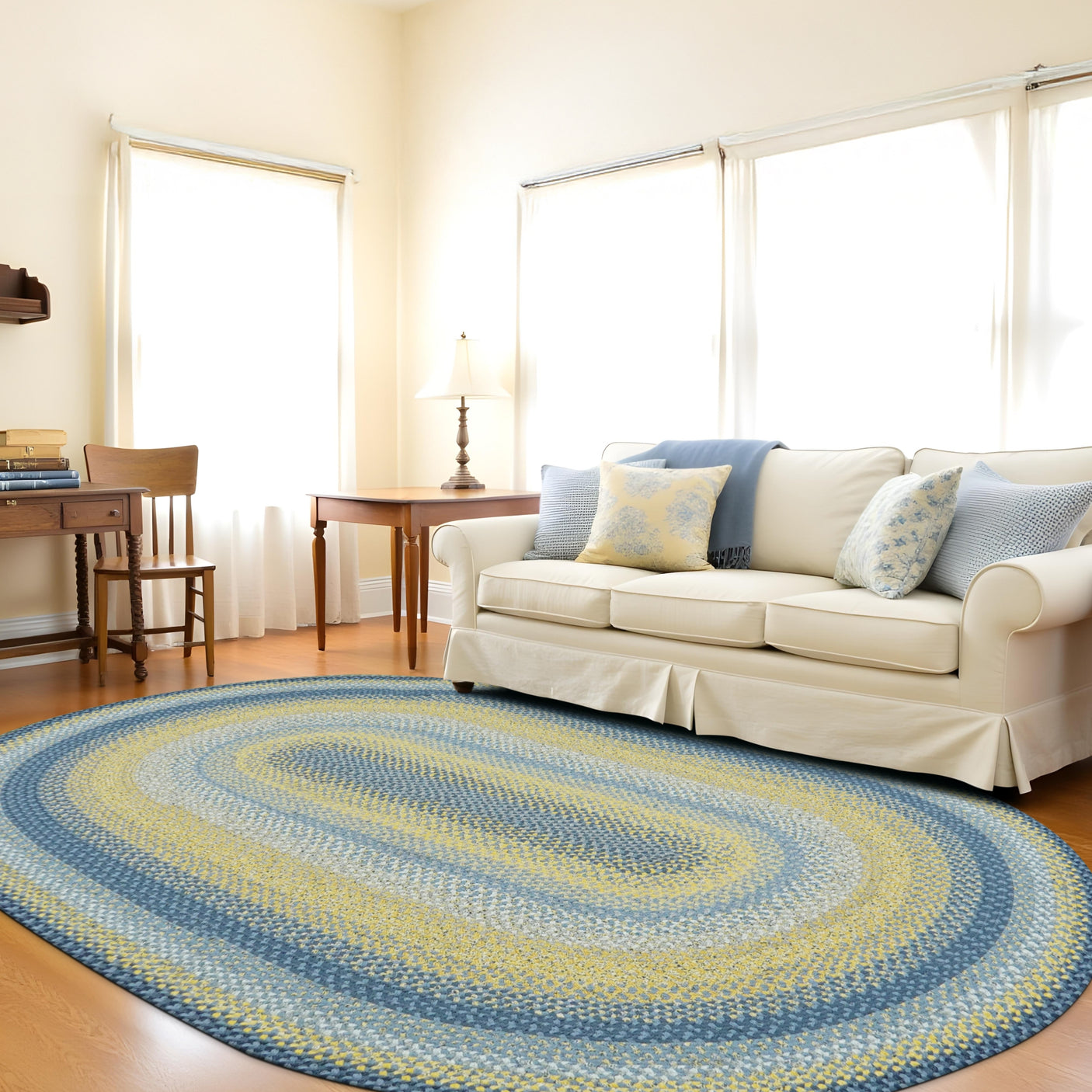 Sunflowers Blue And Yellow Oval Braided Rugs