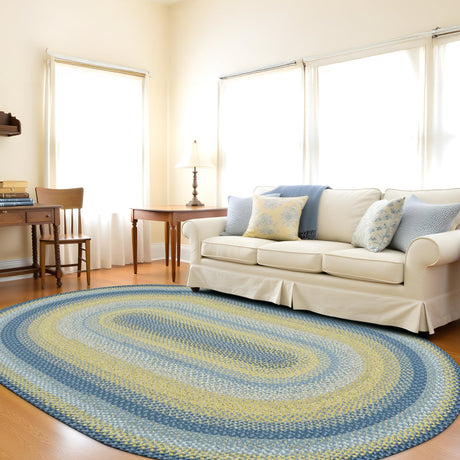 Sunflowers Blue And Yellow  Braided Rugs Oval