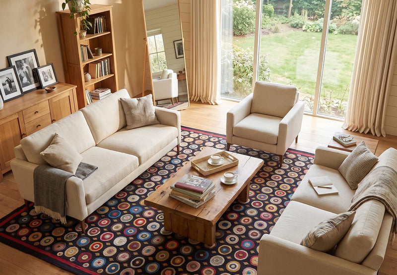 Coin rug with multicolor felt motifs in a living room
