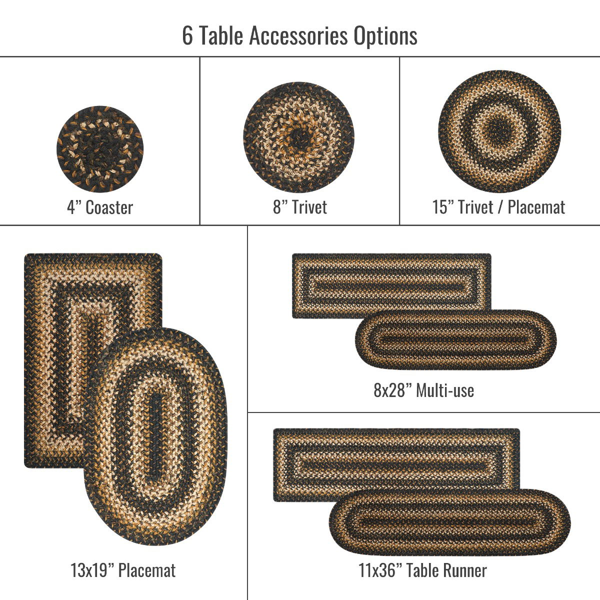 Rectangular, Oval and Round Black Braided Accessories for Dining, Office, Kitchen and Living Room Use
