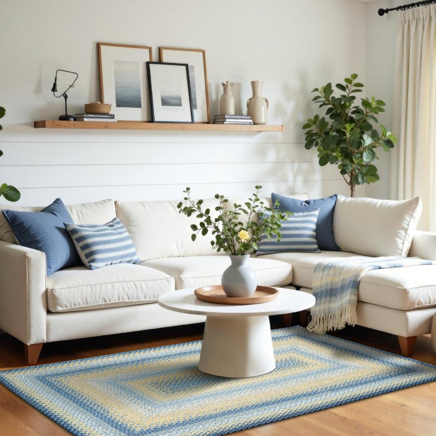 Sunflowers Blue And Yellow Cotton Braided Rectangular Rugs