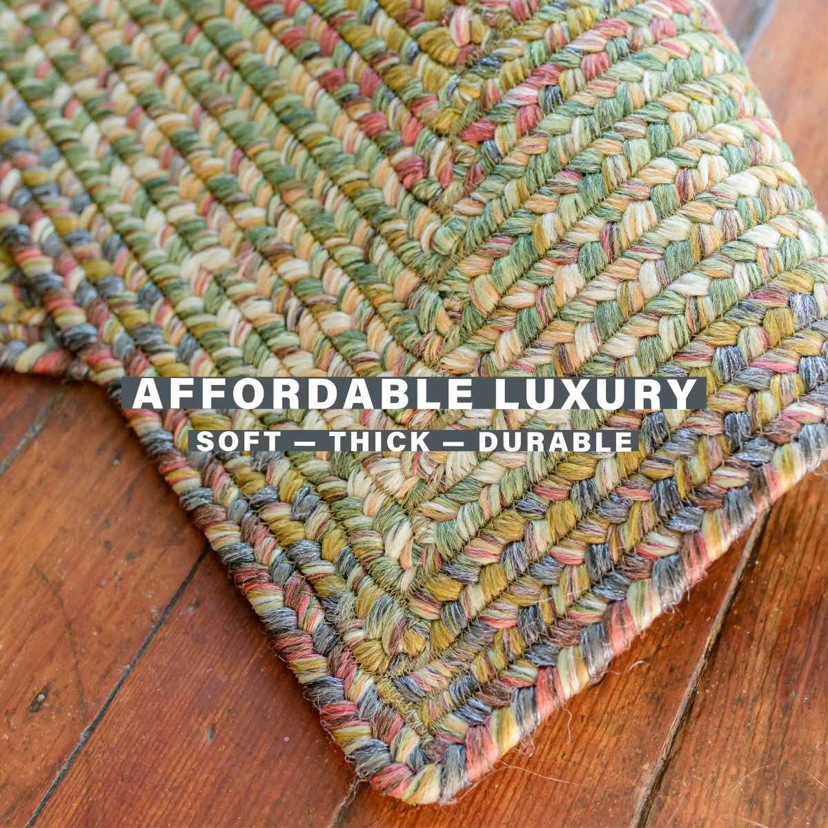 Washable Beige-Red-Green Oval UD Braided Rug for Indoor Use