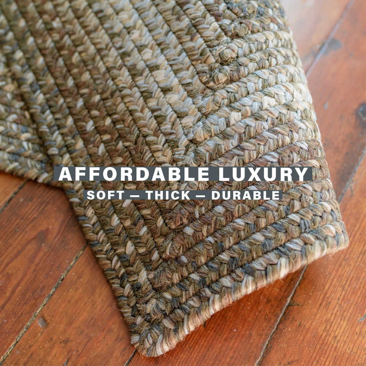 Wildwood brown braided rugs suitable for indoor/outdoor use. Ideal for entryways, kitchens, bedrooms, and pets.